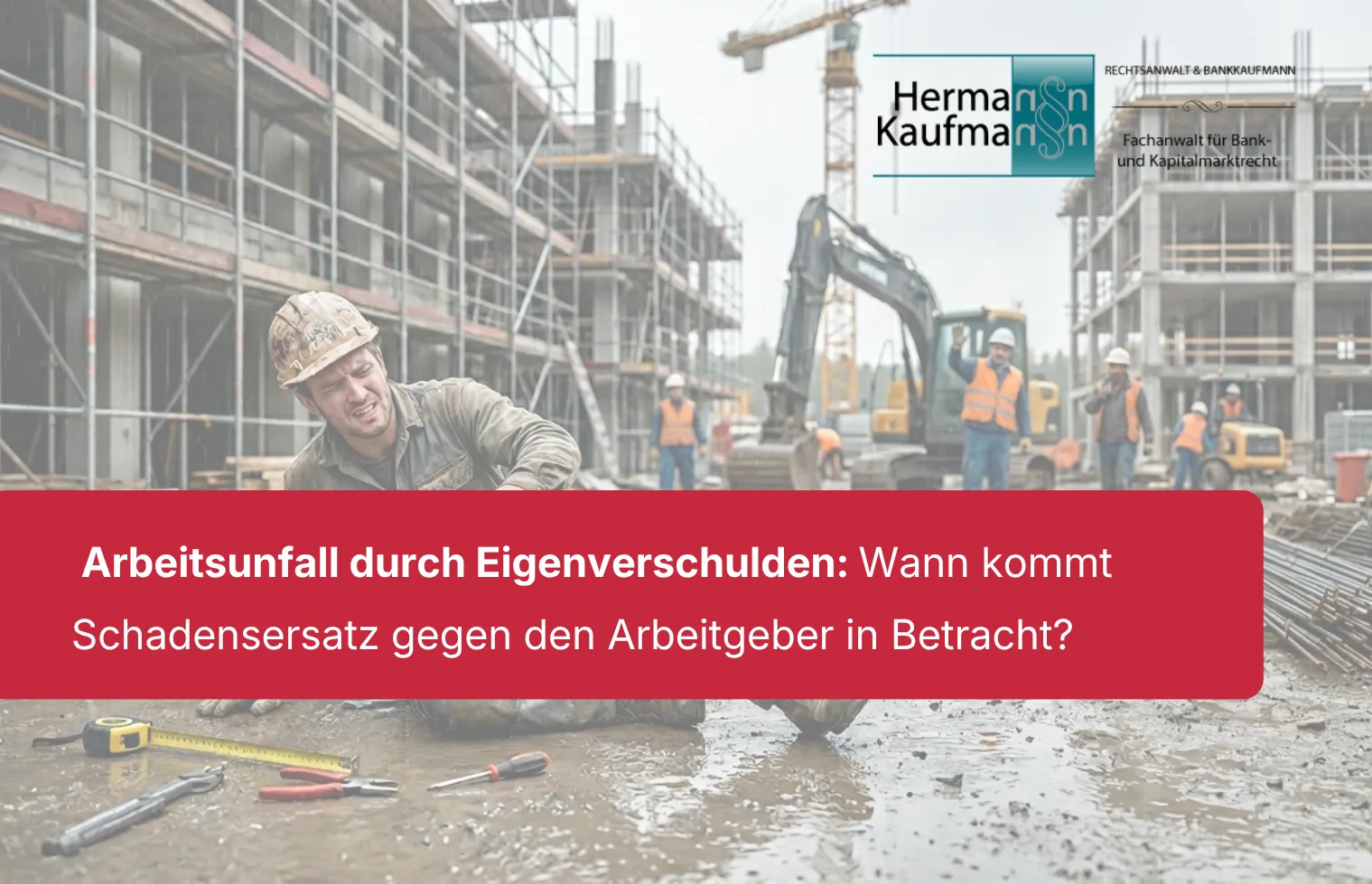 Titelbild zum Thema Arbeitsunfall Eigenverschulden: Foto mit rotem Titelbalken und dem Logo der Kanzlei Rechtsanwalt Hermann Kaufmann