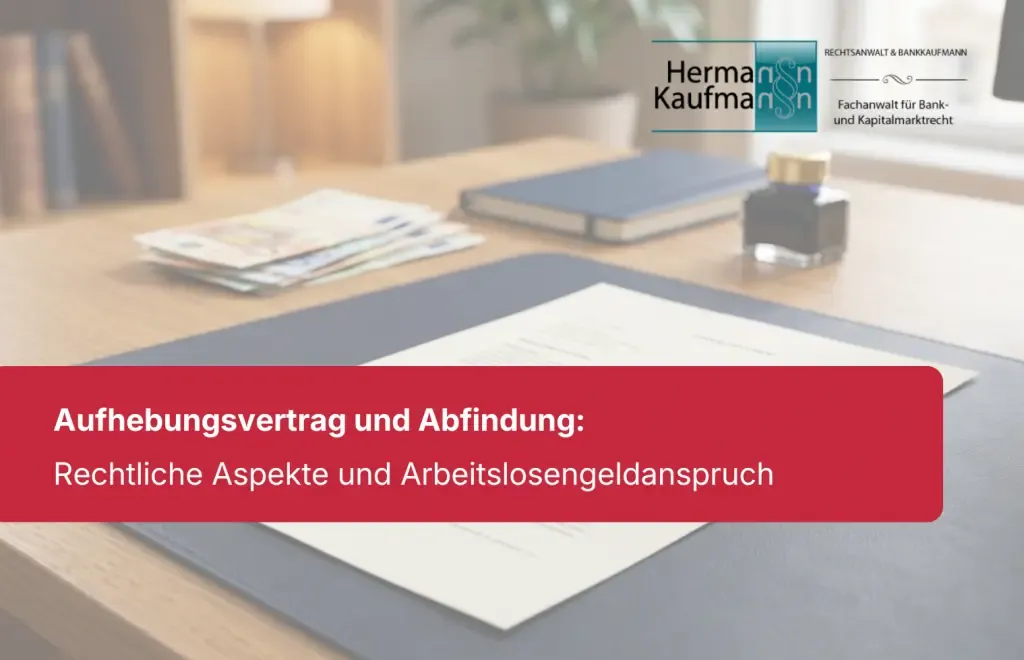 Titelbild zum Thema Aufhebungsvertrag und Abfindung: Foto mit rotem Titelbalken und dem Logo der Kanzlei Rechtsanwalt Hermann Kaufmann