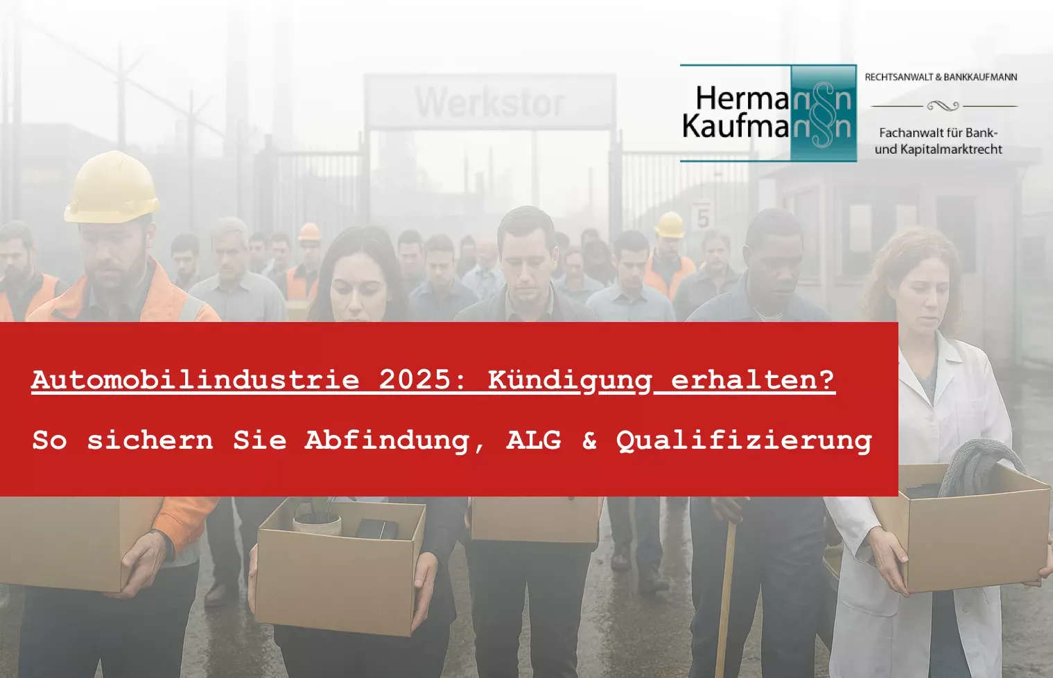 Titelbild zum Thema Massiver Stellenabbau in Deutschland: Foto mit rotem Titelbalken und dem Logo der Kanzlei Rechtsanwalt Hermann Kaufmann
