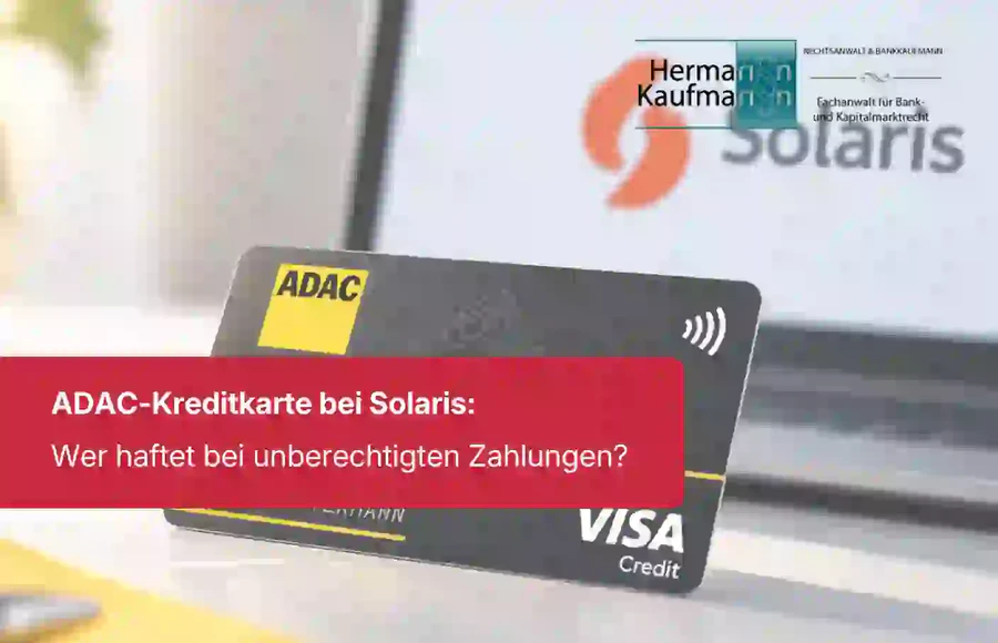 ADAC-Kreditkarte vor Laptop mit Logos der Kanzlei Kaufmann und Solaris SE, Überschrift: ADAC-Kreditkarte bei Solaris – Wer haftet bei unberechtigten Zahlungen?